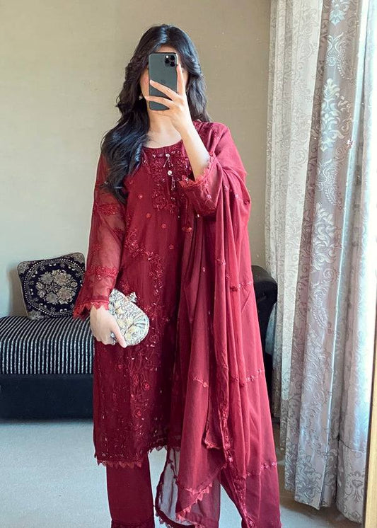 Designer Red Color Georgette Sequence Work Palazzo Suit