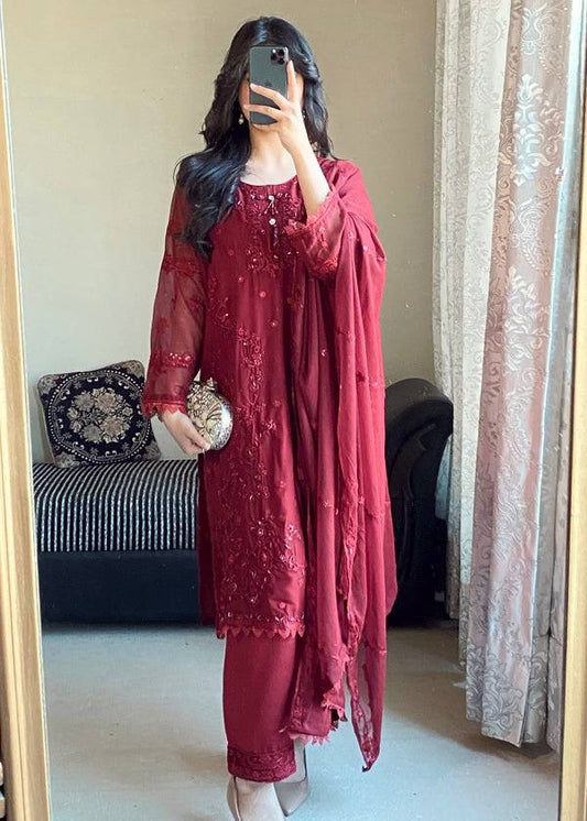 Designer Red Color Georgette Sequence Work Palazzo Suit