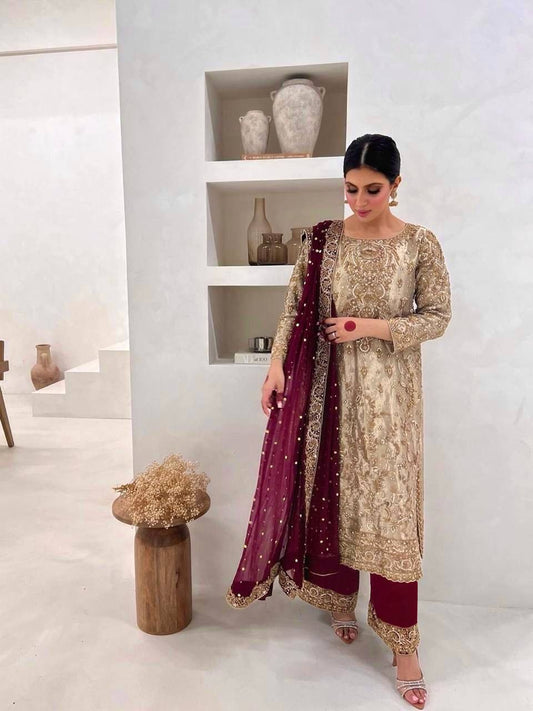 Ravishing Beige Color Embroidery Work Straight Salwar Suit