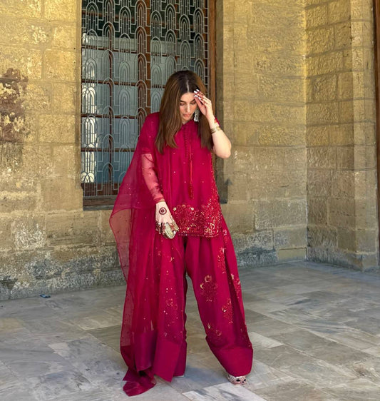 Ravishing Red French Crepe Sequence Work Palazzo Suit