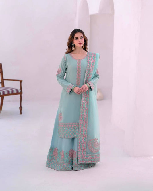 Attractive Sky Blue Silk Embroidered Palazzo Suit