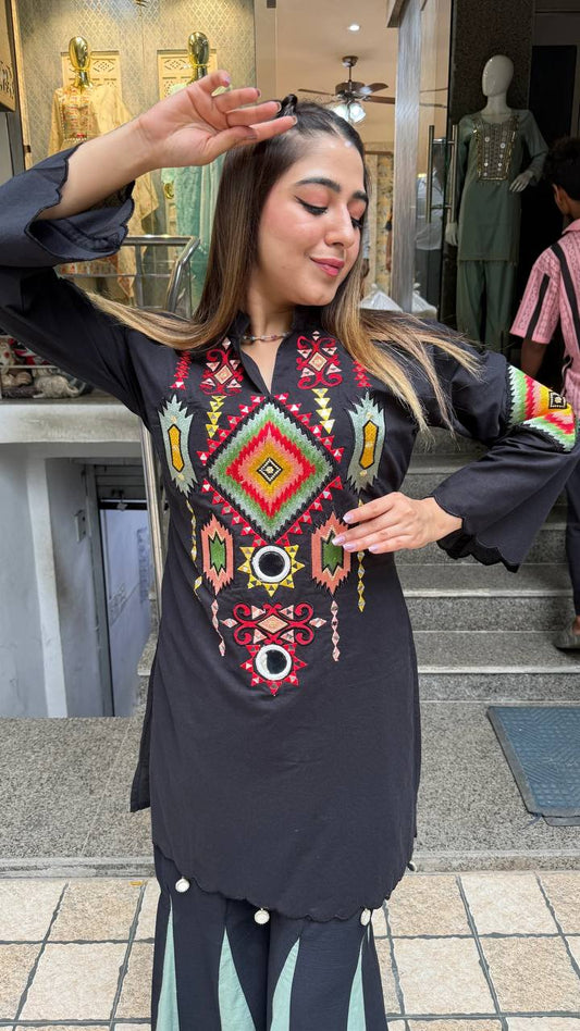 Ravishing Black Cotton Work Co-ord Set