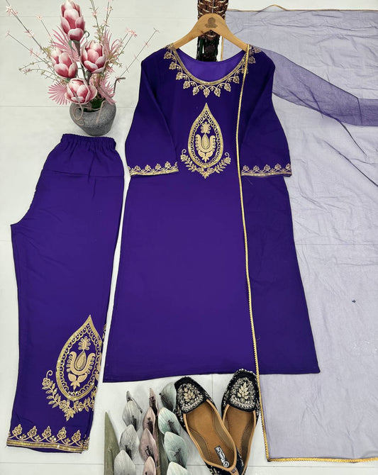 Exclusive Purple Crepe Embroidery Work Palazzo Suit