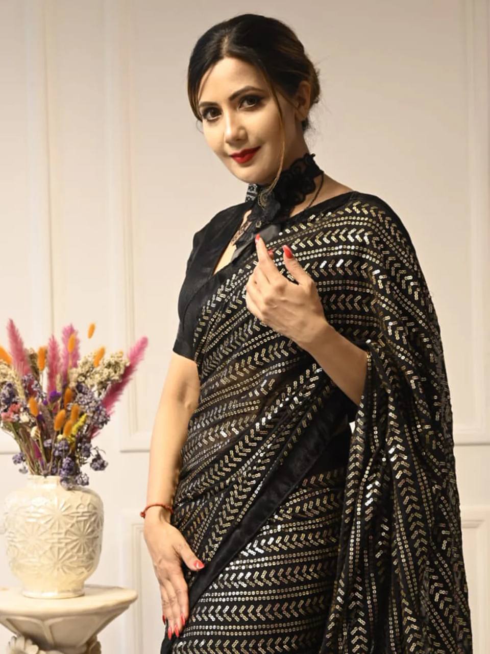 Exclusive Black Color Sequins Work Georgette Saree
