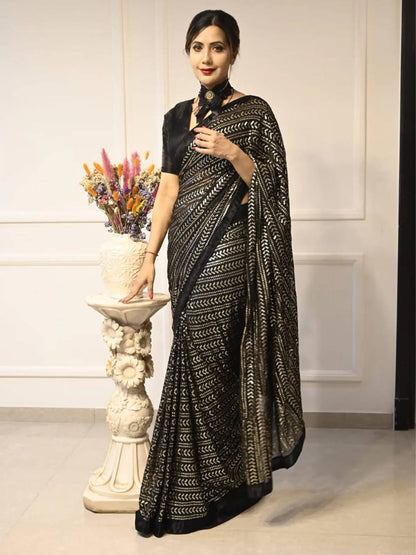 Exclusive Black Color Sequins Work Georgette Saree