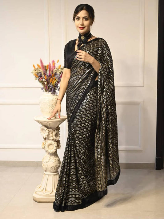 Exclusive Black Color Sequins Work Georgette Saree