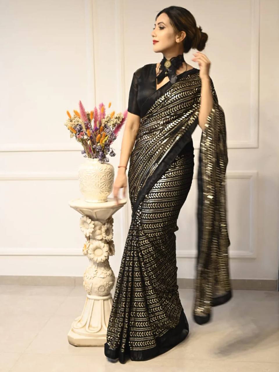 Exclusive Black Color Sequins Work Georgette Saree
