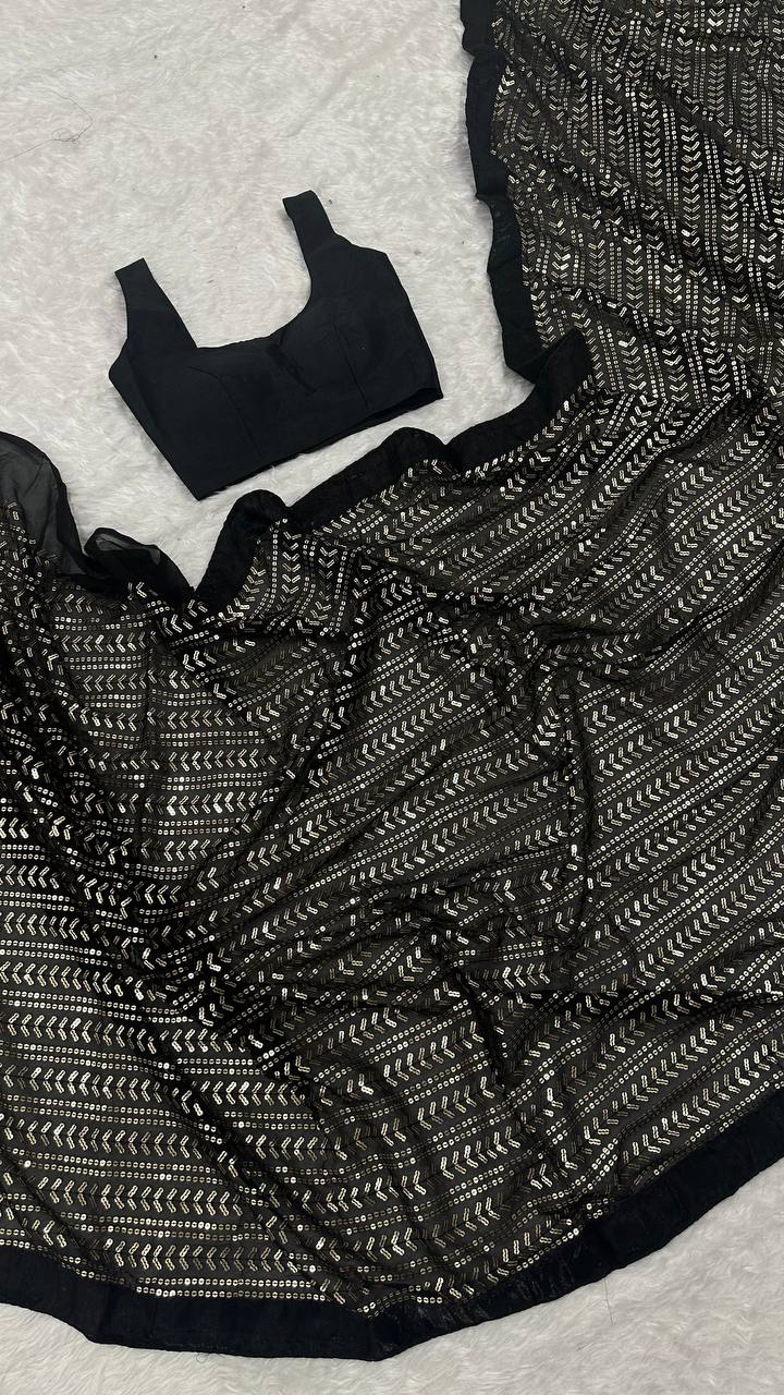 Exclusive Black Color Sequins Work Georgette Saree