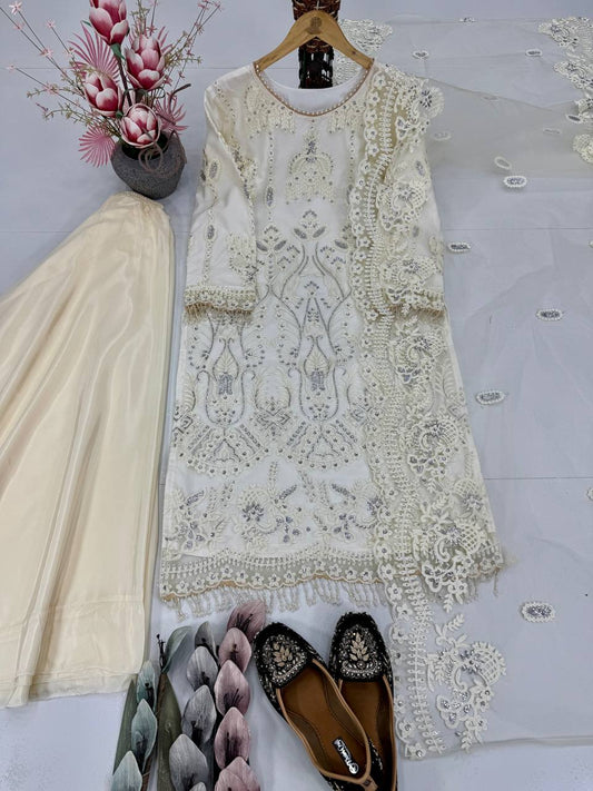 Ravishing Beige Color Net Embroidery Work Palazzo Suit