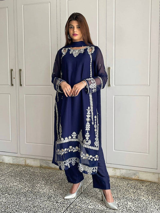 Ravishing Navy Blue Georgette Embroidery Sequence Suit