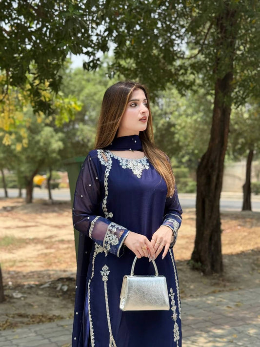 Ravishing Navy Blue Georgette Embroidery Sequence Suit