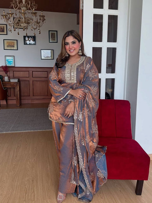 Lovely Brown Color Embroidery Work Palazzo Suit