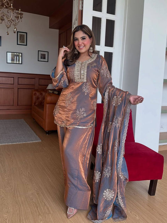 Lovely Brown Color Embroidery Work Palazzo Suit