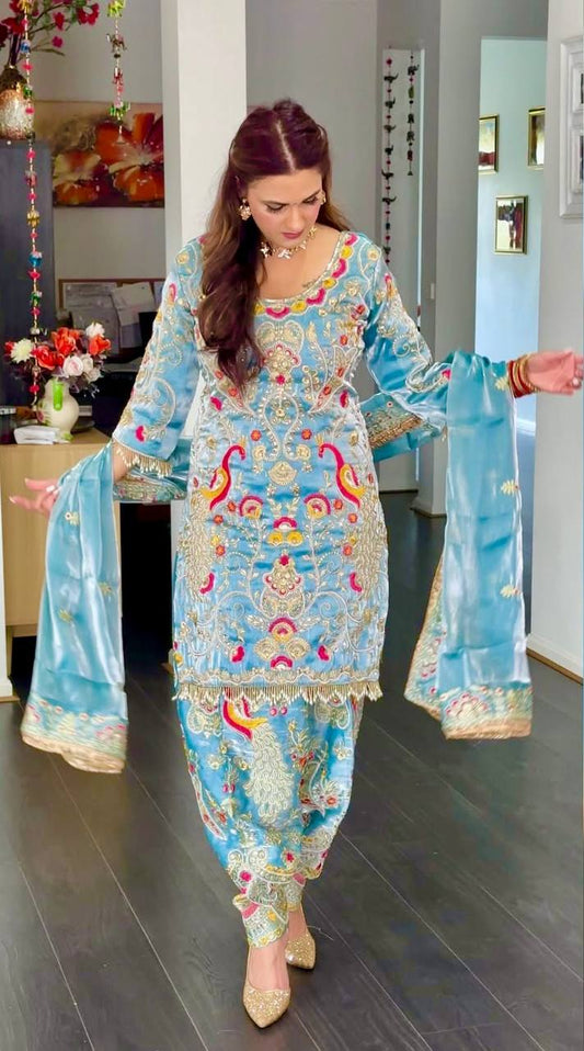 Glorious Sky Blue Embroidery Work Palazzo Suit