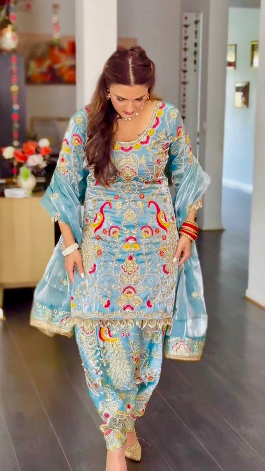 Glorious Sky Blue Embroidery Work Palazzo Suit
