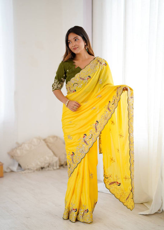 Marvelous Yellow Sequence Work Silk Saree