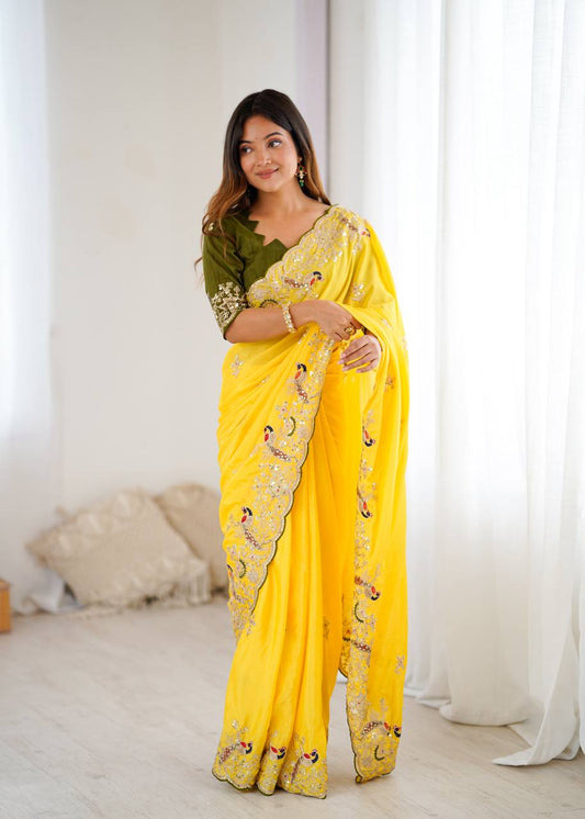 Marvelous Yellow Sequence Work Silk Saree