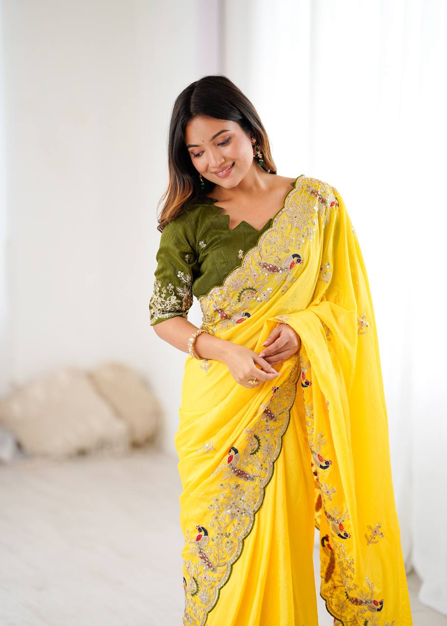 Marvelous Yellow Sequence Work Silk Saree