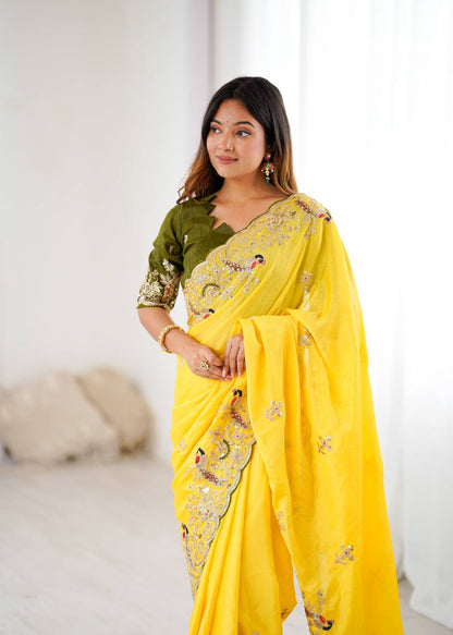 Marvelous Yellow Sequence Work Silk Saree
