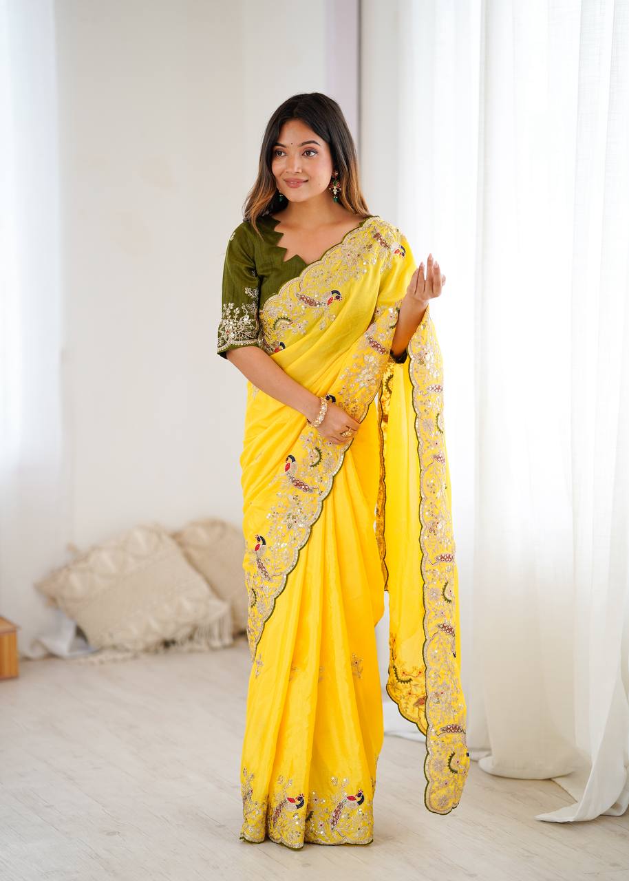 Marvelous Yellow Sequence Work Silk Saree