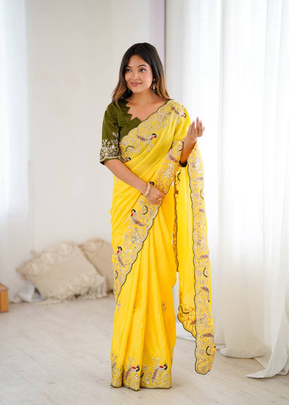 Marvelous Yellow Sequence Work Silk Saree