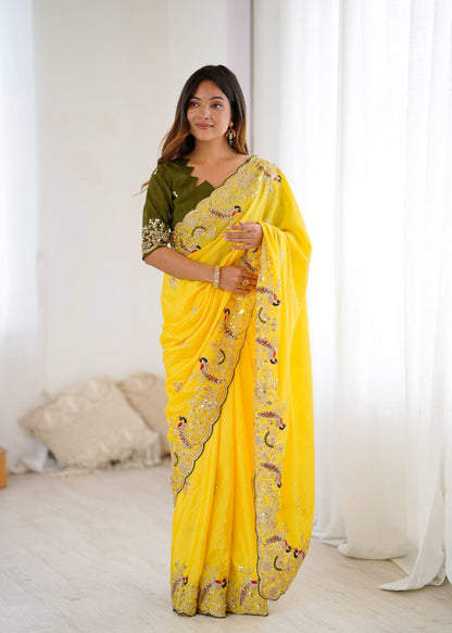 Marvelous Yellow Sequence Work Silk Saree