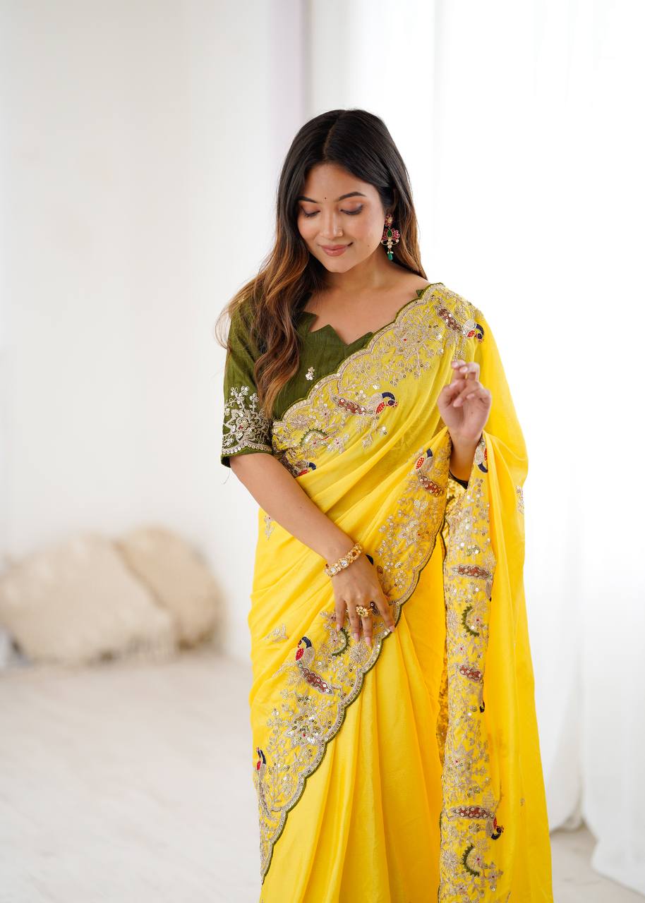 Marvelous Yellow Sequence Work Silk Saree