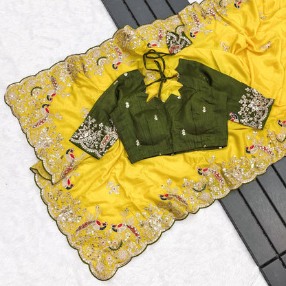 Marvelous Yellow Sequence Work Silk Saree