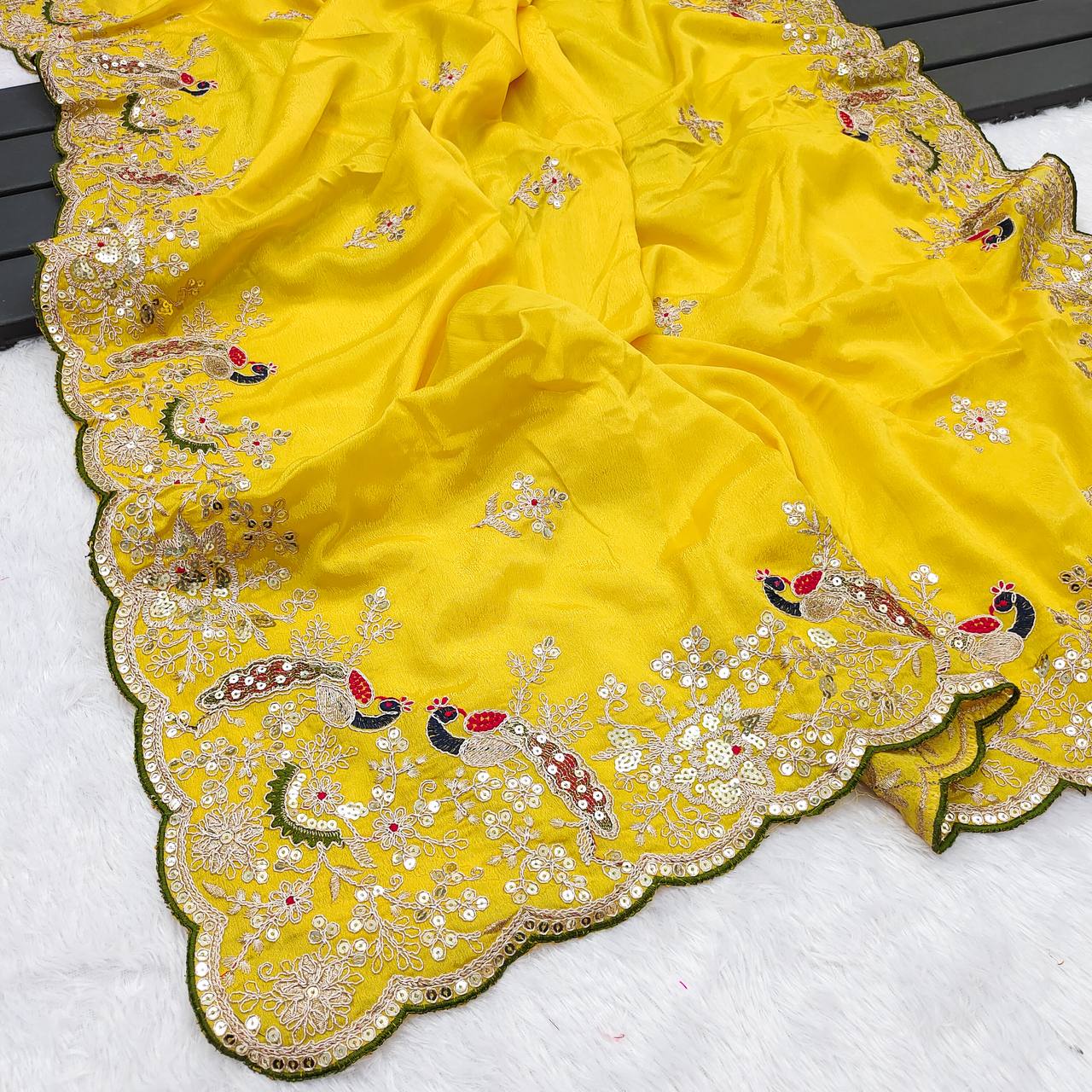 Marvelous Yellow Sequence Work Silk Saree