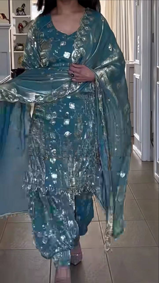 Gorgeous Teal Blue Color Sequence Work Dhoti Suit