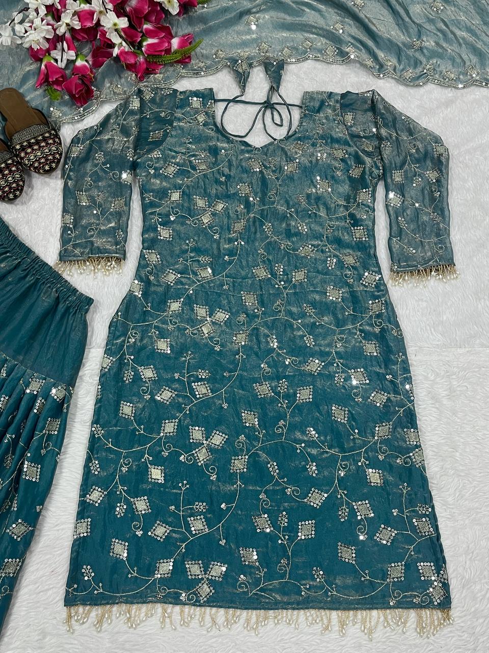 Gorgeous Teal Blue Color Sequence Work Dhoti Suit