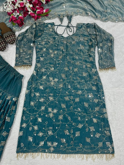 Gorgeous Teal Blue Color Sequence Work Dhoti Suit