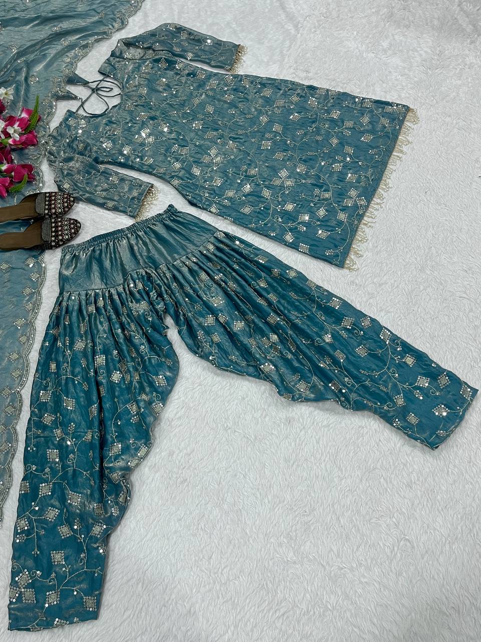 Gorgeous Teal Blue Color Sequence Work Dhoti Suit