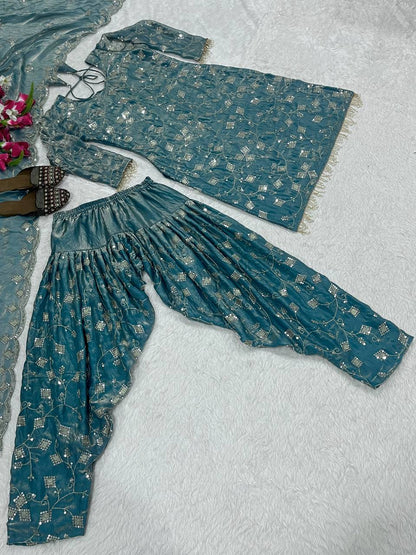Gorgeous Teal Blue Color Sequence Work Dhoti Suit