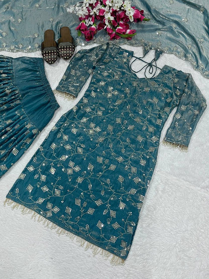 Gorgeous Teal Blue Color Sequence Work Dhoti Suit