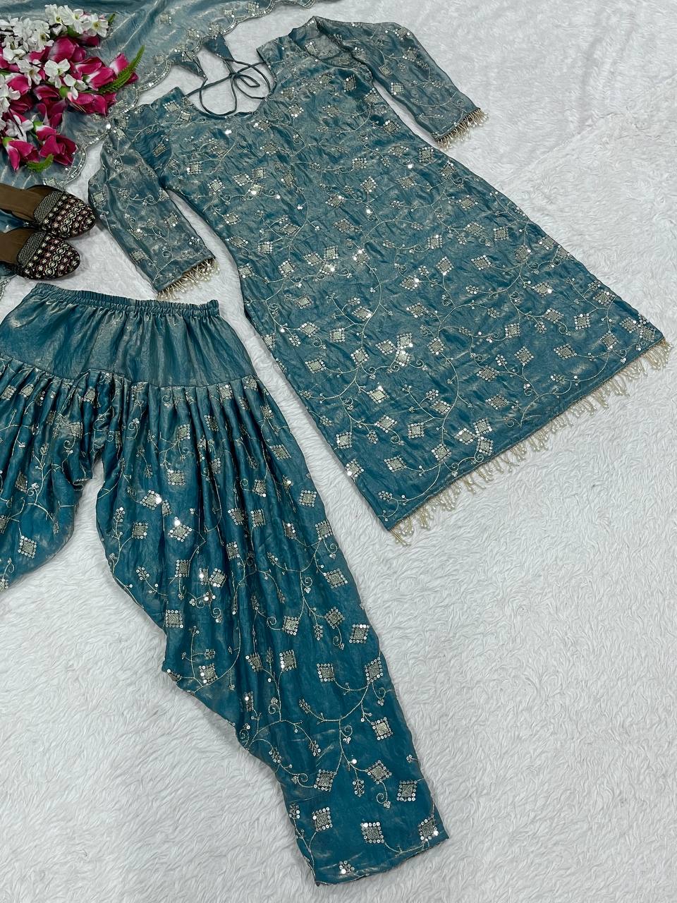 Gorgeous Teal Blue Color Sequence Work Dhoti Suit