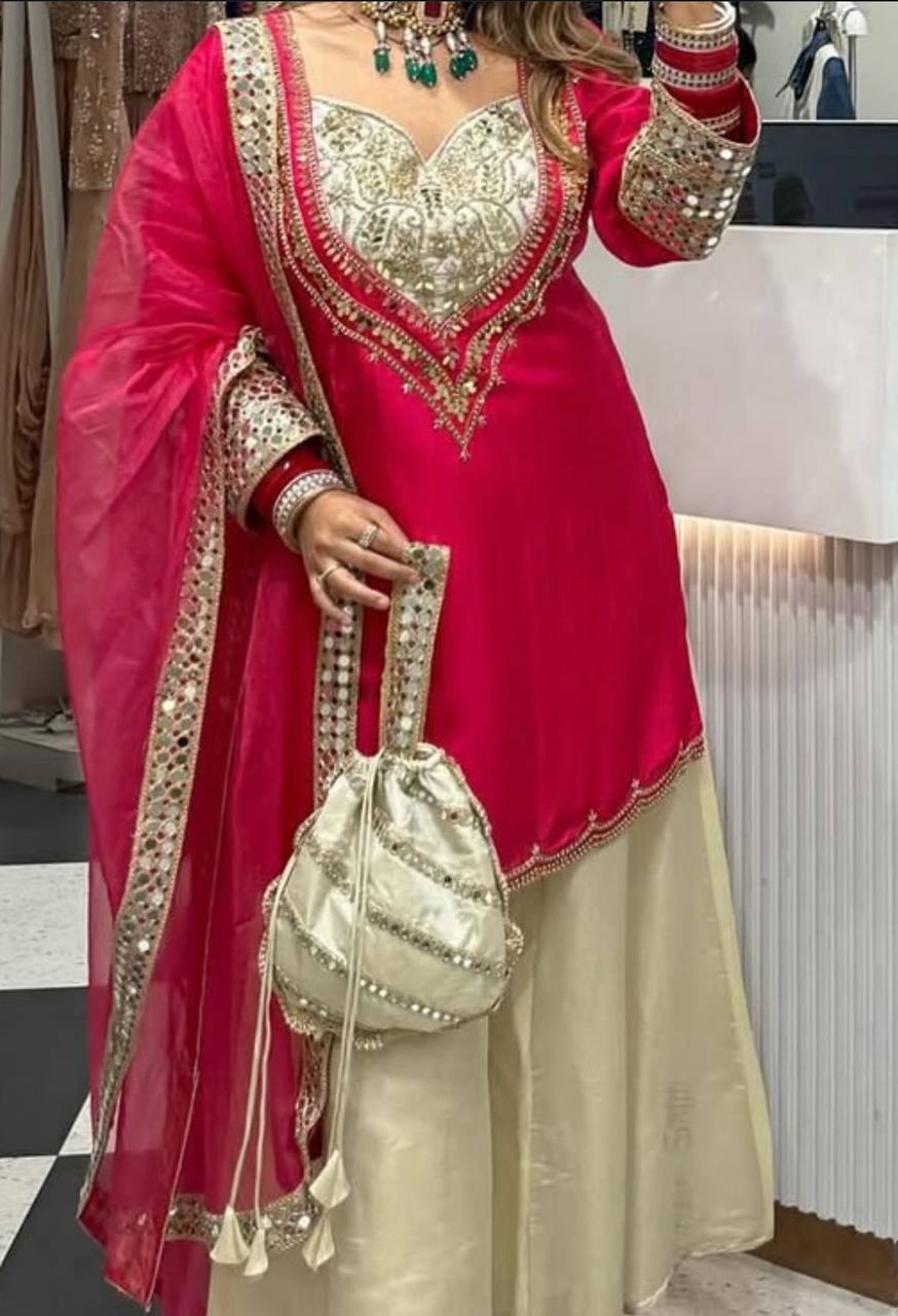 Stylish Pink Color Mirror Work Palazzo Suit
