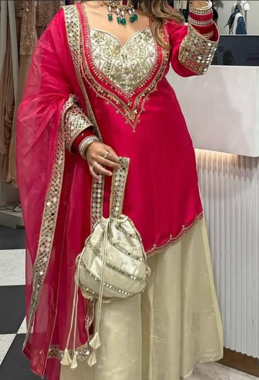 Stylish Pink Color Mirror Work Palazzo Suit