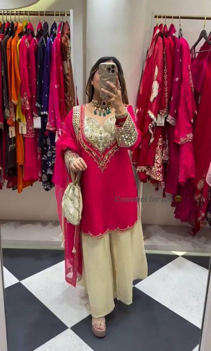 Stylish Pink Color Mirror Work Palazzo Suit