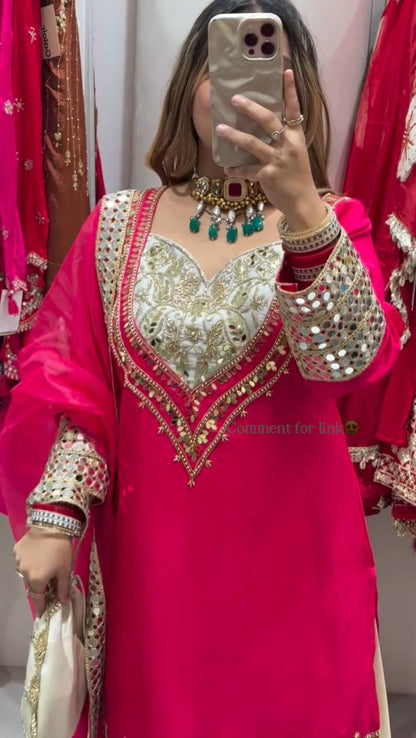 Stylish Pink Color Mirror Work Palazzo Suit