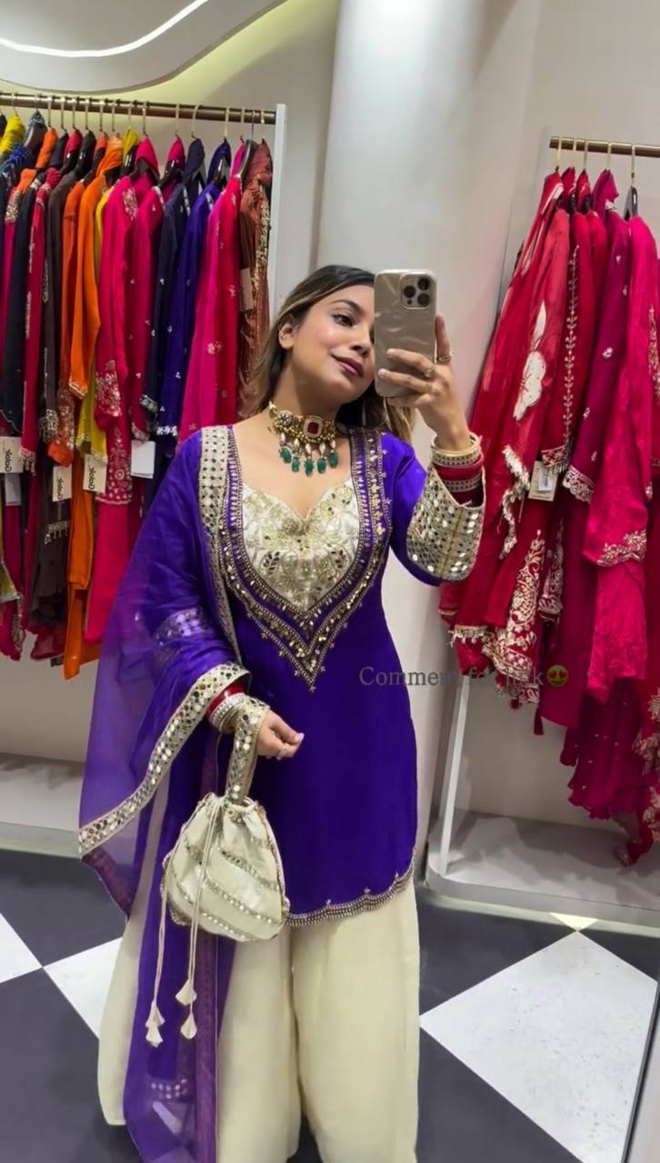 Stylish Pink Color Mirror Work Palazzo Suit