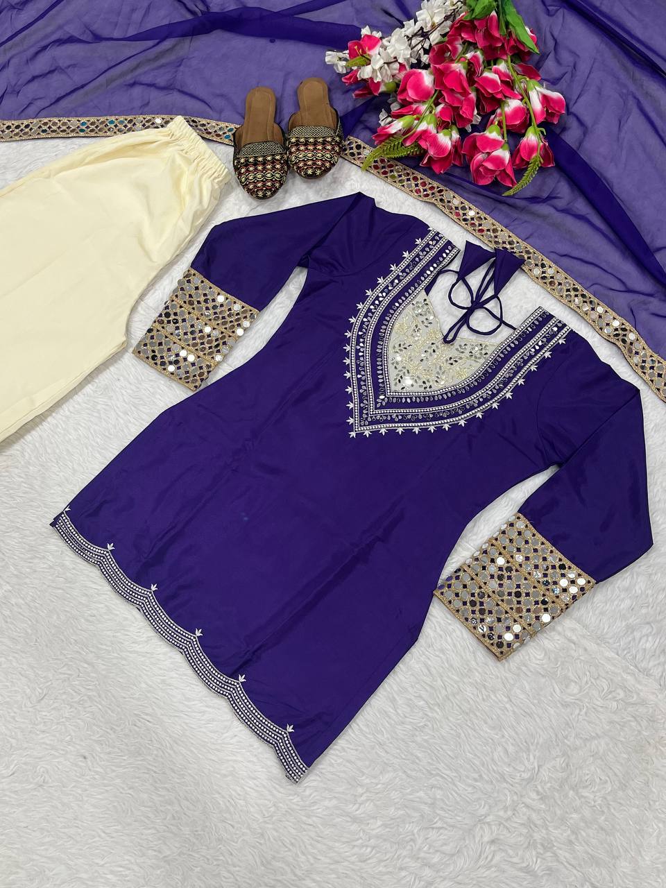 Stylish Pink Color Mirror Work Palazzo Suit