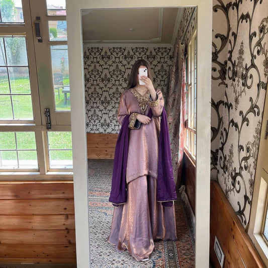 Adorable Purple Embroidery Work Palazzo Suit