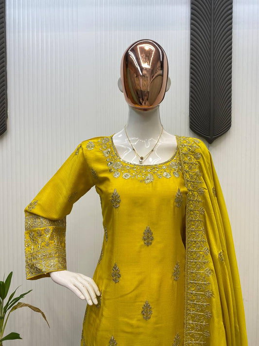 Gorgeous Yellow Color Sequence Work Palazzo Suit