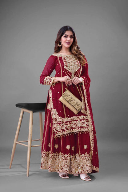 Stylish Red Color Embroidery Work Georgette Palazzo Suit