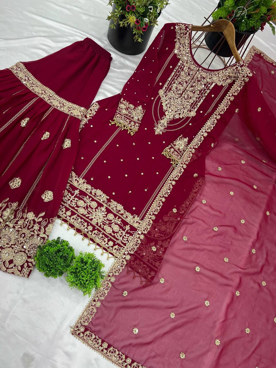 Stylish Red Color Embroidery Work Georgette Palazzo Suit