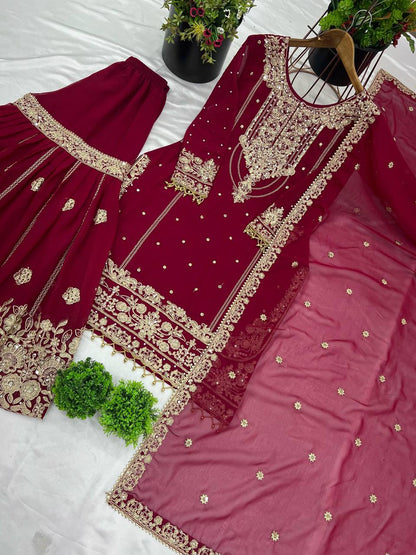 Stylish Red Color Embroidery Work Georgette Palazzo Suit