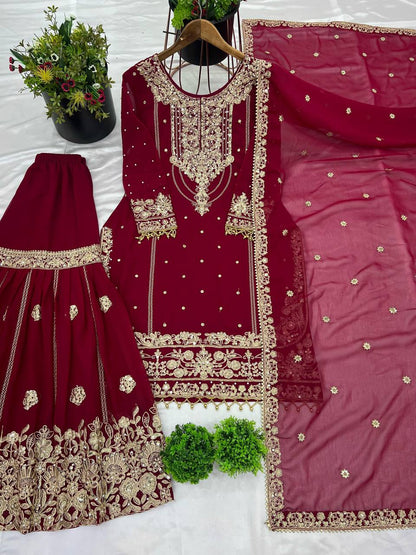 Stylish Red Color Embroidery Work Georgette Palazzo Suit