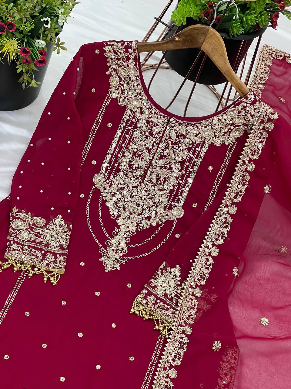 Stylish Red Color Embroidery Work Georgette Palazzo Suit