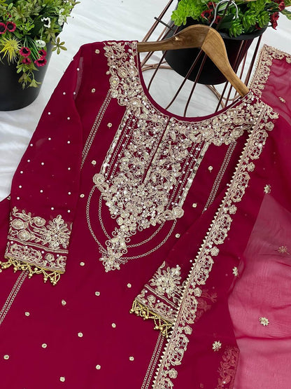 Stylish Red Color Embroidery Work Georgette Palazzo Suit